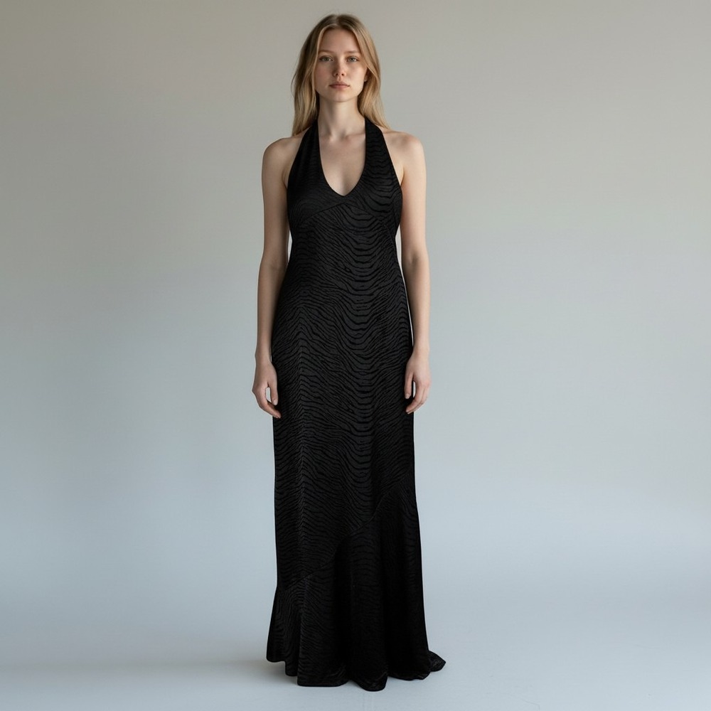 Zebra Y2K Halter Velvet Burnout Asymmetrical Flare Maxi Dress Sz Medium Grunge‎